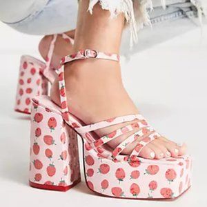 Daisy Street Exclusive platform heeled sandals in pink strawberry print